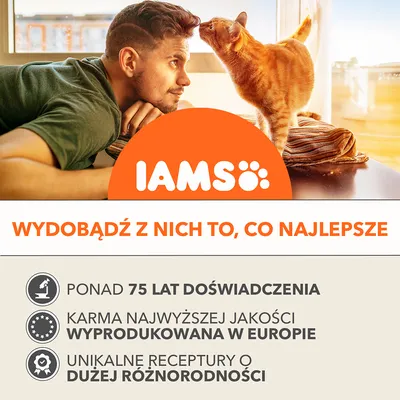 IAMS. Wydobądź z nich to, co najlepsze. Ponad 75 lat doświadczenia. Karma najwyższej jakości wyprodukowana w Europie. Unikalne receptury o dużej różnorodności.