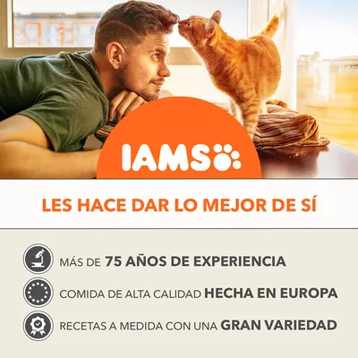 IAMS. Les hace dar lo mejor de sí. Más de 75 años de experiencia, comida de alta calidad hecha en Europa, recetas a medida con una gran variedad.