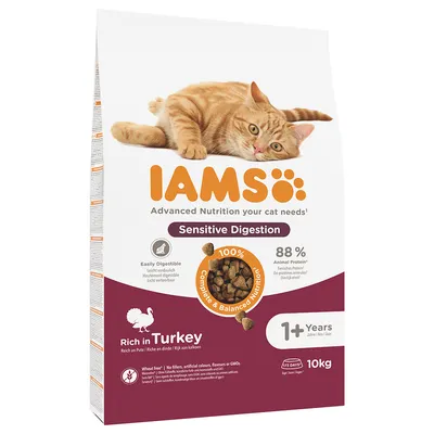 Sac de croquettes IAMS Sensitive Digestion pour chat, riche en dinde, 88 % protéines animales, 1+ ans, 10 kg. Texte visible : Wheat free*, 100 % Complete & Balanced Nutrition.
