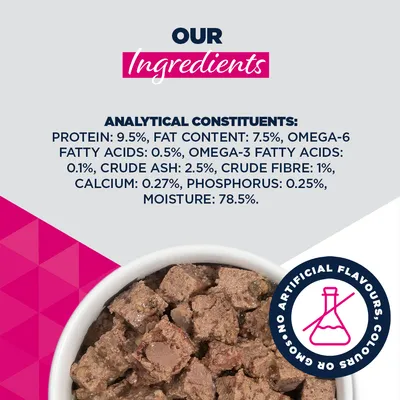 Analyyttiset ainesosat: Proteiini 9,5 %, rasvapitoisuus 7,5 %, omega-6-rasvahapot 0,5 %, omega-3-rasvahapot 0,1 %, raakatuhka 2,5 %, raakakuitu 1 %, kalsium 0,27 %, fosfori 0,25 %, kosteus 78,5 %. Ei keinotekoisia aromeja tai väriaineita. Analyyttiset ainesosat: Proteiini 9,5 %, rasvapitoisuus 7,5 %, omega-6-rasvahapot 0,5 %, omega-3-rasvahapot 0,1 %, raakatuhka 2,5 %, raakakuitu 1 %, kalsium 0,27 %, fosfori 0,25 %, kosteus 78,5 %. Ei keinotekoisia aromeja tai väriaineita.