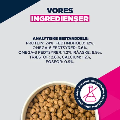 Analytiske bestanddele: Protein 24%, fedtindhold 12%, omega-6-fedtsyrer 3,6%, omega-3-fedtsyrer 1,2%, råaske 6,9%, råfibre 2,6%, calcium 1,2%, fosfor 0,9%. Uden kunstige smagsstoffer, farvestoffer eller GMO. Analytiske bestanddele: Protein 24%, fedtindhold 12%, omega-6-fedtsyrer 3,6%, omega-3-fedtsyrer 1,2%, råaske 6,9%, råfibre 2,6%, calcium 1,2%, fosfor 0,9%. Uden kunstige smagsstoffer, farvestoffer eller GMO.