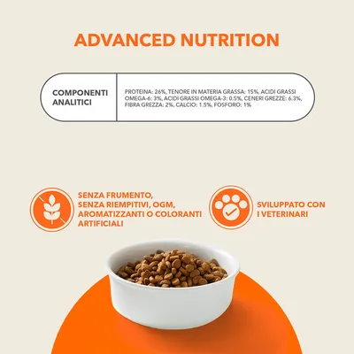 Componenti analitici: proteina 26%, grassi 15%, acidi grassi omega-6 3%, omega-3 0,5%, ceneri 6,3%, fibra 2%, calcio 1,5%, fosforo 1%. Senza frumento, OGM, coloranti. Sviluppato con veterinari.