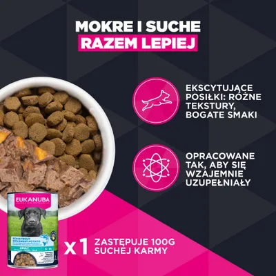 Eukanuba karma mokra i sucha, jedna puszka zastępuje 100 g karmy suchej. Różne tekstury i smaki, opracowane w celu wzajemnej suplementacji. Eukanuba karma mokra i sucha, jedna puszka zastępuje 100 g karmy suchej. Różne tekstury i smaki, opracowane w celu wzajemnej suplementacji.