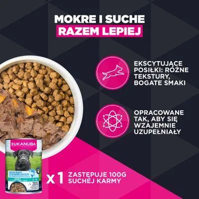 Eukanuba Adult mokra karma z batatami, jedna puszka zastępuje 100 g suchej karmy. Różnorodne tekstury i smaki, opracowane jako optymalny suplement. Eukanuba Adult mokra karma z batatami, jedna puszka zastępuje 100 g suchej karmy. Różnorodne tekstury i smaki, opracowane jako optymalny suplement.