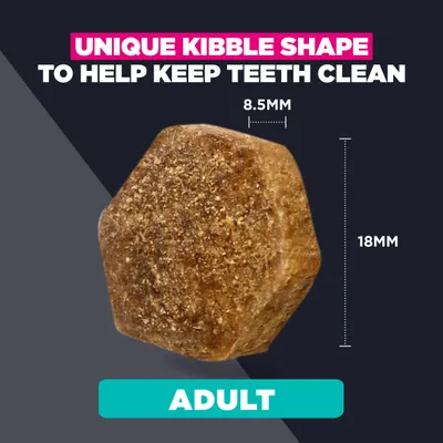 Unique kibble shape to support dental hygiene, dimensions: 8.5 mm x 18 mm, suitable for adults.