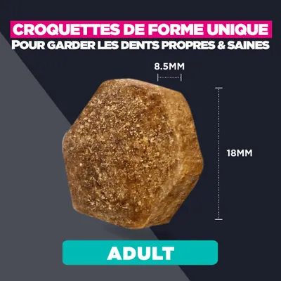 Croquettes à la forme unique, dimensions : 8,5 mm x 18 mm. Pour des dents propres et saines. Convient aux adultes (ADULTE). Croquettes à la forme unique, dimensions : 8,5 mm x 18 mm. Pour des dents propres et saines. Convient aux adultes (ADULTE).