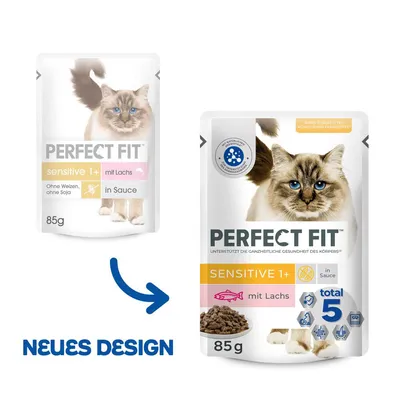 Perfect Fit Sensitive 1+ mit Lachs in Sauce, 85g. Neues Design. Ohne Weizen, ohne Soja, keine zugesetzten künstlichen Farbstoffe. Unterstützt die ganzheitliche Gesundheit des Körpers.