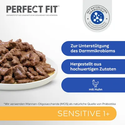 Perfect Fit Sensitive 1+ kanaa. Tukee suoliston mikrobiomia, valmistettu laadukkaista ainesosista. Luonnollista prebioottia (MOS) prebioottien lähteenä.
