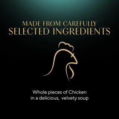 MADE FROM CAREFULLY SELECTED INGREDIENTS. Whole pieces of Chicken in a delicious, velvety soup (angol nyelvű szöveg a képen).