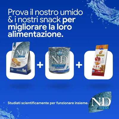 N&D Ocean crocchette, alimento umido e dental treats. Sviluppato scientificamente per una nutrizione ottimale. N&D Ocean crocchette, alimento umido e dental treats. Sviluppato scientificamente per una nutrizione ottimale.