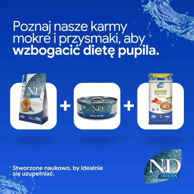 N&D Ocean karma sucha, puszka Tuńczyk i Łosoś, Adult Cream. Prezentacja różnych produktów N&D Ocean jako suplementacja żywienia zwierząt. N&D Ocean karma sucha, puszka Tuńczyk i Łosoś, Adult Cream. Prezentacja różnych produktów N&D Ocean jako suplementacja żywienia zwierząt.
