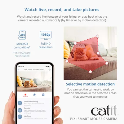 catit PIXI Smart Mouse Kamera, Full HD 1080p, MicroSD-kompatibel op til 256 GB, selektiv bevægelsesregistrering, live-overførsel og optagefunktion. catit PIXI Smart Mouse Kamera, Full HD 1080p, MicroSD-kompatibel op til 256 GB, selektiv bevægelsesregistrering, live-overførsel og optagefunktion.
