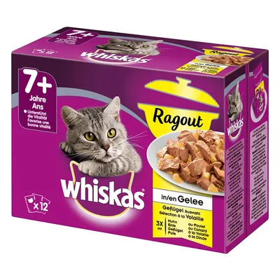 Whiskas Ragout v želeju za mačke 7+, perutninska izbira, pakiranje 12 x 85 g. Vidna slika hrane in besedilo: Huhn, Ente, Geflügel, Pute. Večjezična embalaža.