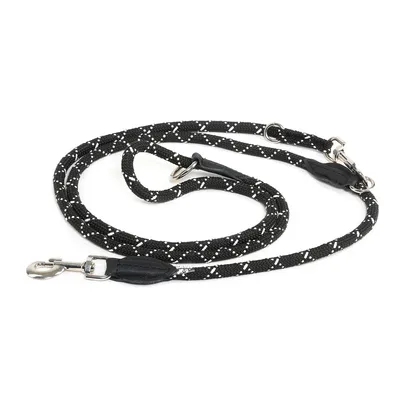 Black dog lead made of braided material with white accents and metal carabiners at both ends.