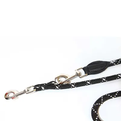 Black dog lead with reflective stripes, metal carabiners and leather reinforcement.