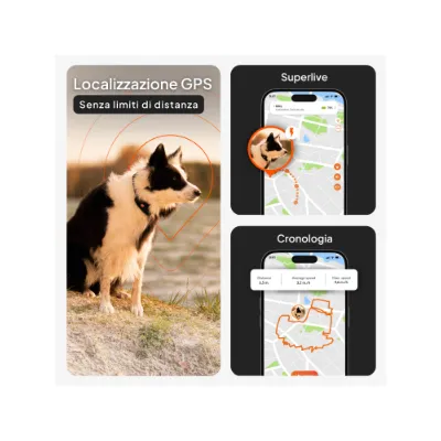 Tracciamento GPS con portata illimitata, localizzazione in tempo reale Superlive e cronologia dei percorsi visualizzata sullo smartphone. Tracciamento GPS con portata illimitata, localizzazione in tempo reale Superlive e cronologia dei percorsi visualizzata sullo smartphone.