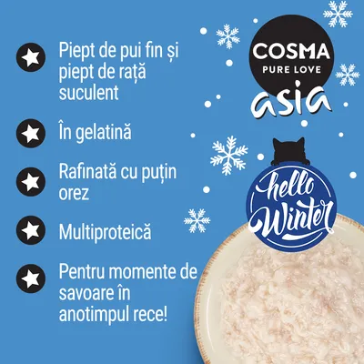 COSMA PURE LOVE asia. Piept de pui fin și piept de rață suculent, în gelatină, rafinată cu puțin orez, multiproteică. Pentru momente de savoare în anotimpul rece! hello Winter