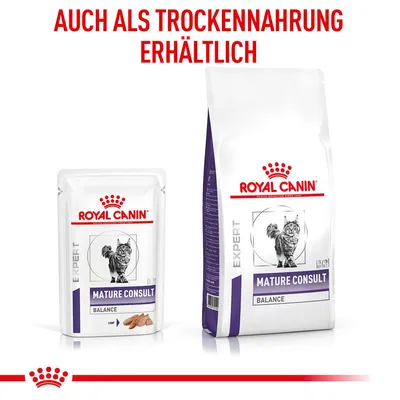 Royal Canin Mature Consult Balance, erhältlich als Nass- und Trockenfutter. Verpackungen mit Katzenabbildung und Produktnamen sichtbar.