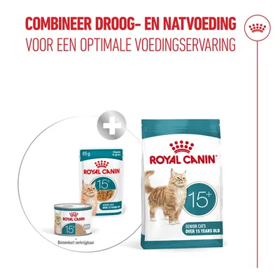 Royal Canin 15+ Senior Katten Droog- en natvoer combineren voor een optimale voeding. Verpakkingen met een afbeelding van een kat, tekst in het Nederlands.