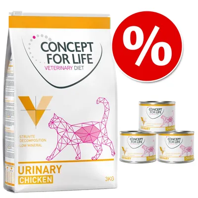 Concept for Life Veterinary Diet Urinary Chicken dry food 3kg bag and three tins, visible text: struvite decomposition, low mineral. Red percentage discount symbol shown.