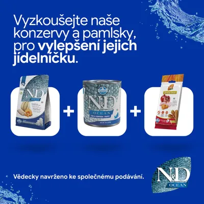 ND Ocean granule, vlhké krmivo a Dental Treats vedle sebe s textem: Vyzkoušejte naše konzervy a pamlsky pro vylepšení jídelníčku. Vědecky vyvinuto pro společné krmení. ND Ocean granule, vlhké krmivo a Dental Treats vedle sebe s textem: Vyzkoušejte naše konzervy a pamlsky pro vylepšení jídelníčku. Vědecky vyvinuto pro společné krmení.