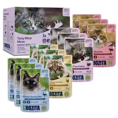 Bozita Tasty Meat Menu kattenvoer, mixverpakking met 12 zakjes van 85 g. Smaken: rendier, kip, kalkoen, rund. Op de verpakking staan katten en het Bozita merklogo.