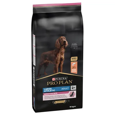 Purina Pro Plan Large Athletic Adult Sensitive Skin, 2+, cu somon, conținut ridicat de proteine, fără coloranți, pachet 14 kg.