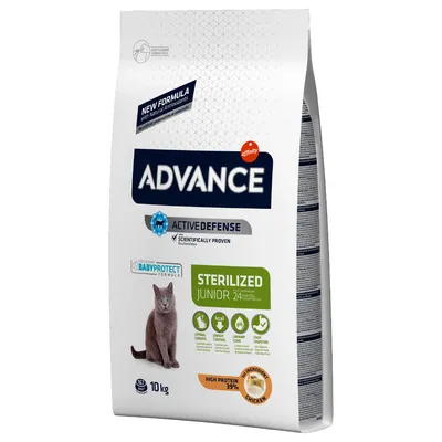 Advance Active Defense Sterilized Junior cibo per gatti, 10 kg, per sterilizzati da 2 a 24 mesi, BabyProtect Formula, alto contenuto proteico 39%, ingrediente principale pollo.