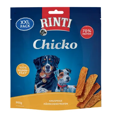 Rinti Chicko XXL csomag, 900g, ropogós csirkecsíkok 100% csirkemellfiléből, 70% fehérjetartalommal.
