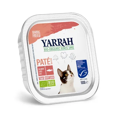 Yarrah Bio-Organic Since 1992 paté met zalm en zeewier, graanvrij, MSC-keurmerk, 100 g. Tekst: 'with seaweed', 'bio organic', 'certified sustainable seafood'. Kat op verpakking.
