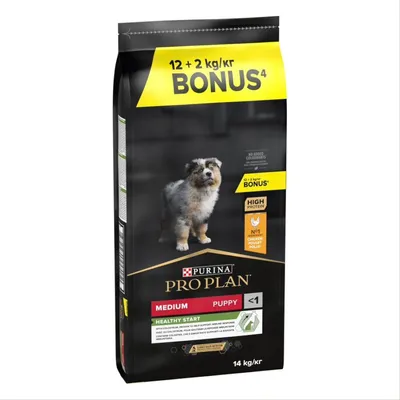 Purina Pro Plan Medium Puppy Healthy Start, 14 kg, bonus 12+2 kg. Korkea proteiinipitoisuus, nro 1 kana, ei väriaineita. Alle 1-vuotiaille pennuille.
