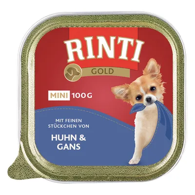 Rinti Gold MINI 100g kutyaeledel csomagolás, német felirat: Mit feinen Stückchen von Huhn & Gans, kistestű kutya képe látható.