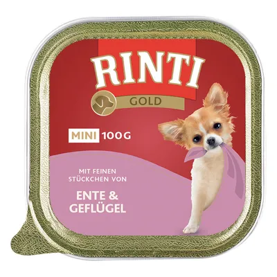 Rinti Gold MINI 100g, ENTE & GEFLÜGEL, kutya képe a csomagoláson. Német nyelvű felirat: Mit feinen Stückchen von Ente & Geflügel.
