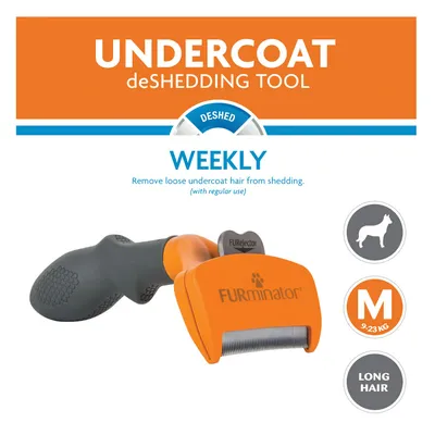 Herramienta FURminator Undercoat deShedding Tool para pelo largo, talla M, 9–23 kg. Texto visible: WEEKLY, Remove loose undercoat hair from shedding. Icono de perro.