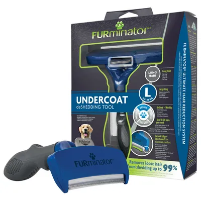 FURminator Undercoat deShedding Tool за големи кучета с дълга козина, размер L 23–41 кг. Видим текст: Removes loose hair from shedding up to 99%.