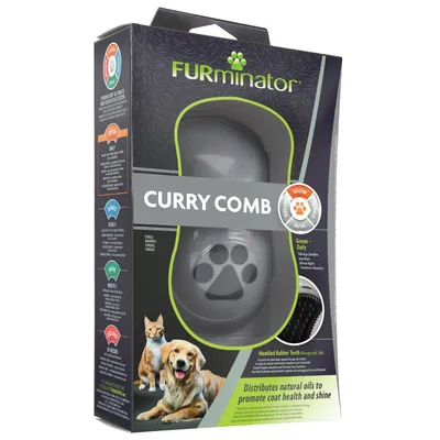 FURminator Curry Comb. Gummitänder masserar huden, fördelar naturliga oljor och främjar pälsens hälsa och glans. Lämplig för daglig vård.