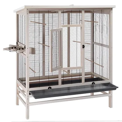 Large bird cage made of wood and metal with multiple perches, pull-out tray and side feeding station.