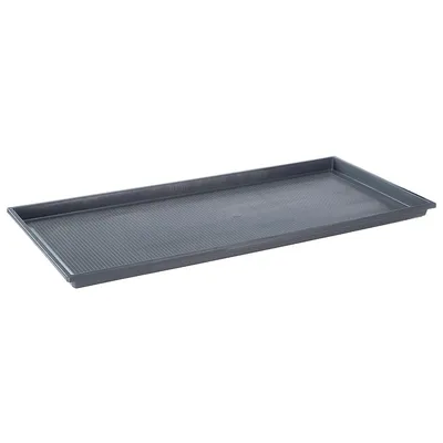 Rectangular plastic tray in dark grey with raised edge and ribbed surface.
