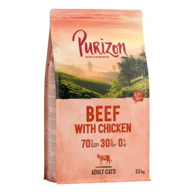 Purizon ξηρή τροφή για ενήλικες γάτες, γεύση Beef with Chicken, 2,5 kg. 70% ζωικά συστατικά, 30% φυτικά συστατικά, 0% προστιθέμενη ζάχαρη.