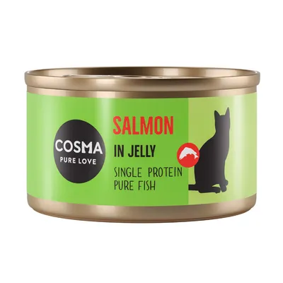 Cosma Pure Love Salmon in Jelly, single protein, pure fish. Green label with black cat silhouette and red fish symbol.