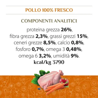 Pollo 100% fresco. Componenti analitici: proteina grezza 26%, fibra grezza 2,3%, grassi grezzi 15%, ceneri grezze 8,5%, calcio 0,8%, fosforo 0,7%, omega 3 0,48%, omega 6 3,2%, umidità 9%. kcal/kg 3790