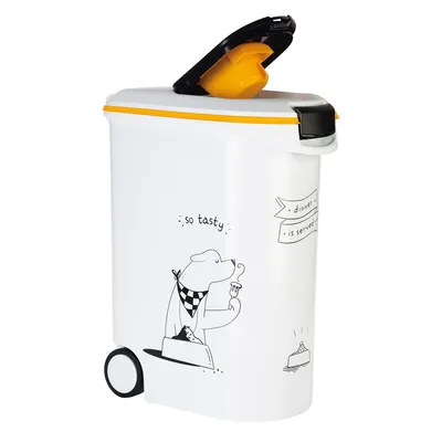 Food container with yellow lid, illustration of a dog with bowl and text 'so tasty' and 'dinner is served'.
