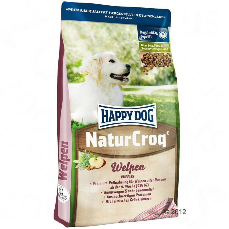 Saco de pienso para cachorros Happy Dog NaturCroq Welpen. Texto visible: Ohne Soja, Farb- & Konservierungsstoffe!, Premium-Vollnahrung für Welpen aller Rassen ab der 4. Woche (29/14).