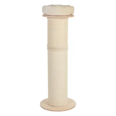Scratching post made of light wood wrapped with sisal and padded lying surface on top.