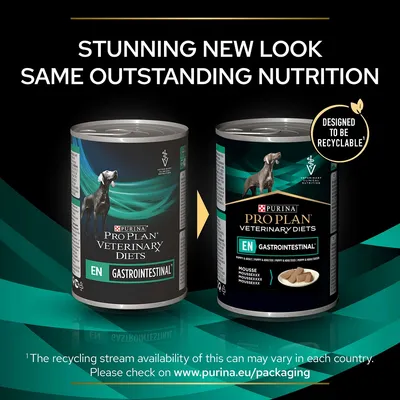 Product update showing new recyclable packaging for Pro Plan Veterinary Diets EN Gastrointestinal, with the message 'Stunning new look, same outstanding nutrition'.
