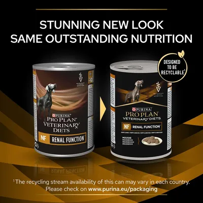 Purina Pro Plan Veterinary Diets NF Renal Function dog food tins, old and new packaging. Text: Stunning new look, same outstanding nutrition. Designed to be recyclable. www.purina.eu/packaging