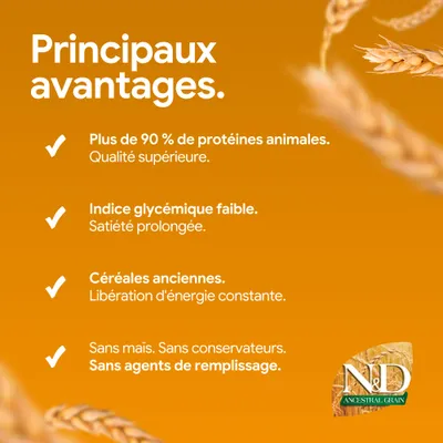 Principaux avantages : plus de 90 % de protéine animale, indice glycémique bas, anciennes variétés de céréales, sans maïs, conservateurs ni agents de remplissage. N&D Ancestral Grain. Principaux avantages : plus de 90 % de protéine animale, indice glycémique bas, anciennes variétés de céréales, sans maïs, conservateurs ni agents de remplissage. N&D Ancestral Grain.
