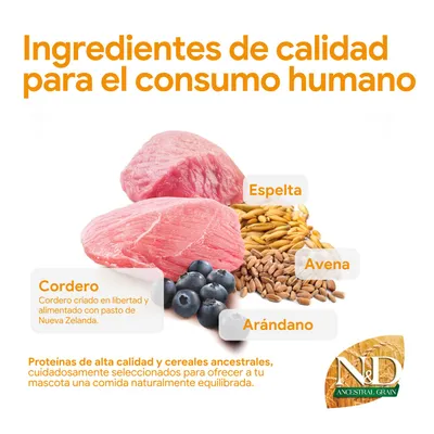 Ingredientes: cordero, arándano, espelta, avena. Proteínas de alta calidad y cereales ancestrales, cuidadosamente seleccionados para una alimentación natural y equilibrada para mascotas. N&D Ancestral Grain. Ingredientes: cordero, arándano, espelta, avena. Proteínas de alta calidad y cereales ancestrales, cuidadosamente seleccionados para una alimentación natural y equilibrada para mascotas. N&D Ancestral Grain.