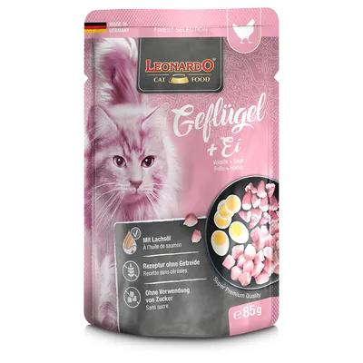 Leonardo Cat Food drůbež + vejce, s lososovým olejem, receptura bez obilovin, bez přidaného cukru, super prémiová kvalita, 85g, vyrobeno v Německu.