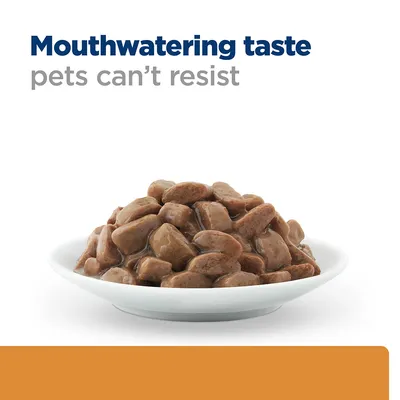 Bowl of meaty chunks in gravy with the text 'Mouthwatering taste pets can't resist' shown above the food.